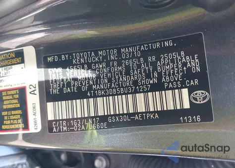 2011 Toyota Avalon Limited from USA, damaged, VIN 4T1BK3DB5BU371257